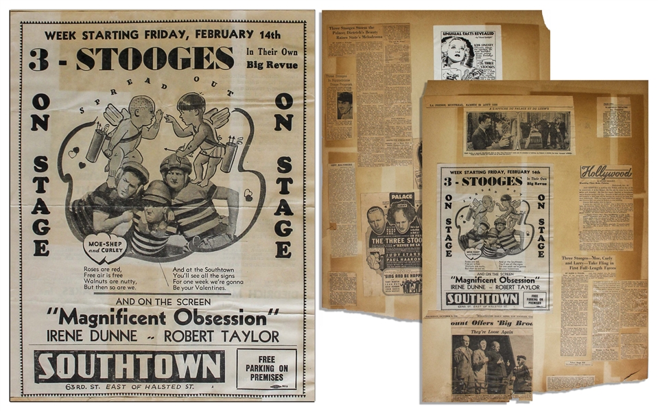1935 Advert Measuring 8.5 x 11 for a Moe-Shep and Curley (Showing Larry) Three Stooges Show, Glued to 18 x 24 Scrapbook Sheet of Moe's News Clips From 1936 -- Chipping & Toning, Overall Good